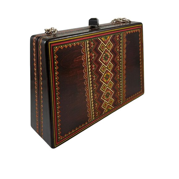 Carved Wooden Box Purse Chain Handles Fabric Lined Vintage Tiki Boho Hippie - Picture 5 of 9